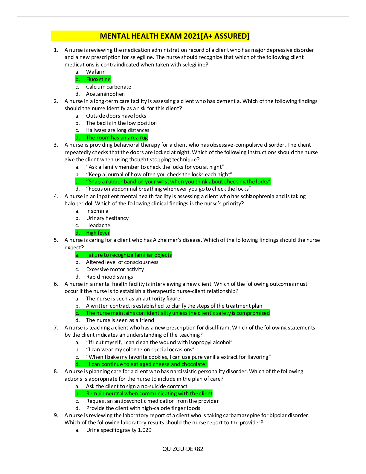Preview image for MENTAL HEALTH EXAM 2022-2023[A+ ASSURED]